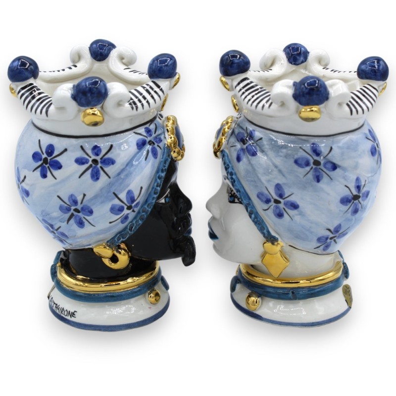 Sizilianische Moorköpfe (Paar) H ca. 16 cm Caltagirone, 24-karätige reine GOLD-Emaille auf antikblauem Hintergrund - 