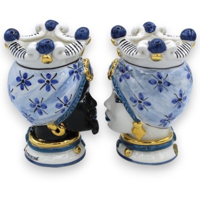 Cabezas de moro siciliano (par) h aproximadamente 16 cm Caltagirone, esmalte en ORO puro de 24k sobre fondo azul antiguo