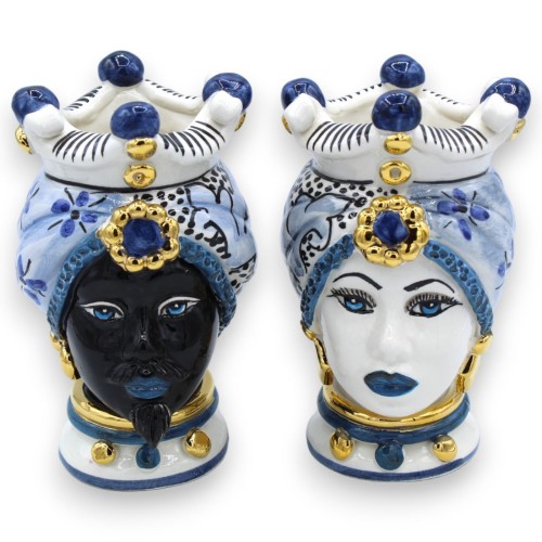 Sicilian Moor heads (pair) h approx. 16 cm Caltagirone, 24k pure GOLD enamel on an antique blue background