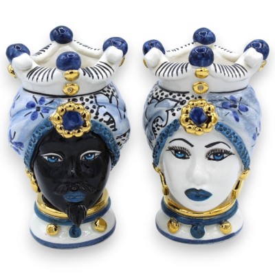Sicilian Moor heads (pair) h approx. 16 cm Caltagirone, 24k pure GOLD enamel on an antique blue background - 