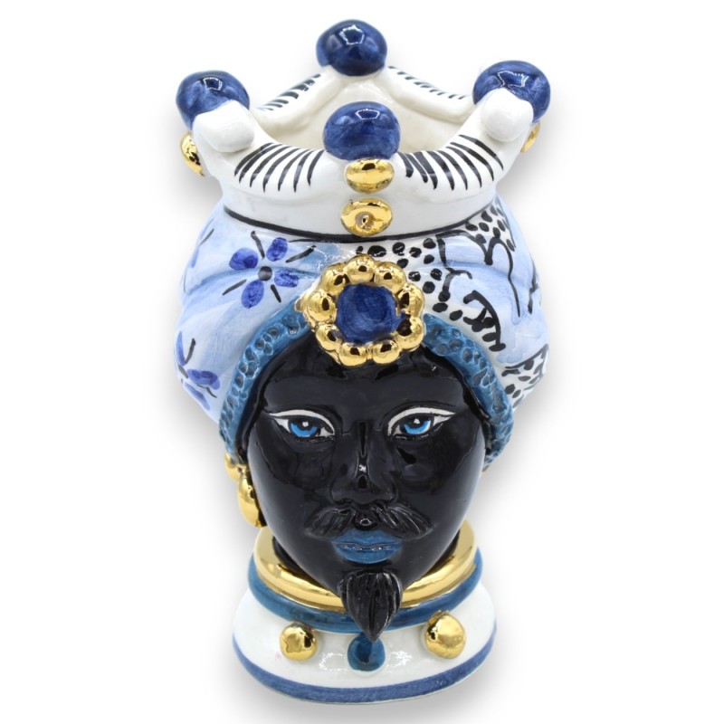 Cabeças de mouro siciliano (par) h aproximadamente 16 cm Caltagirone, esmalte OURO puro 24k sobre fundo azul antigo - 