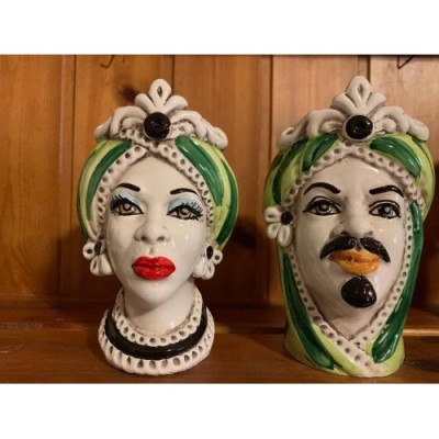 Pair of Moor's Heads Caltagirone - height about 13 cm - 