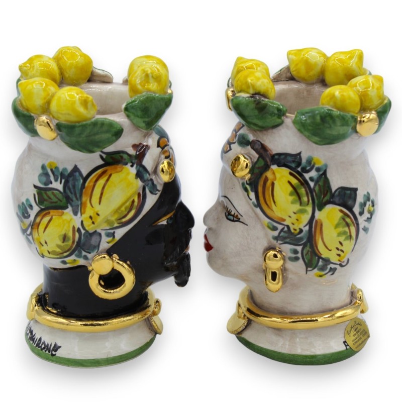 Paar Moro-Köpfe Caltagirone H ca. 16 cm Krone der Zitronen 24k reines GOLD-Email MD2 - 