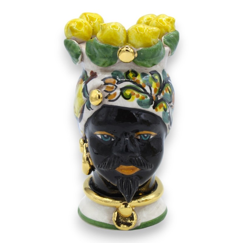 Paire de têtes Moro Caltagirone h environ 16 cm Couronne de Citrons Émail OR pur 24 carats MD2 - 