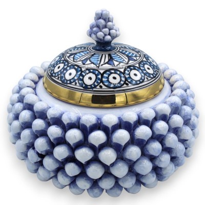 Biscottiera Pigna in ceramica Caltagirone, Ø 22 cm ca. Blu Antico, coperchio con smalto oro zecchino 24k - 