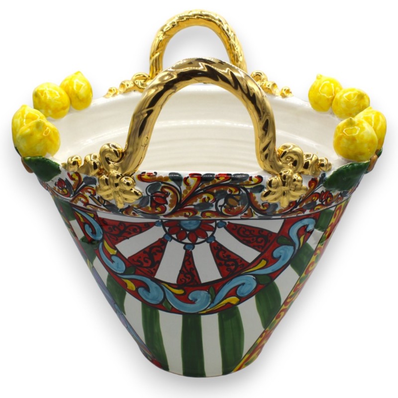 Coffa in ceramica Caltagirone Serie ELITE - h 37 x 33 cm ca. decoro carretto Siciliano e smalto oro zecchino 24k - 