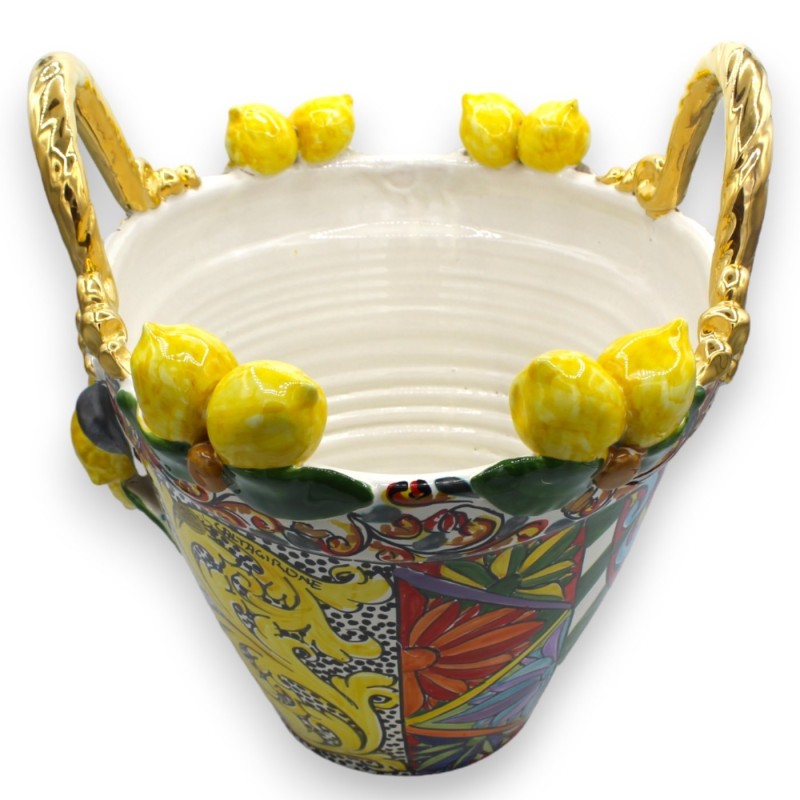Coffa in ceramica Caltagirone Serie ELITE - h 37 x 33 cm ca. decoro carretto Siciliano e smalto oro zecchino 24k - 