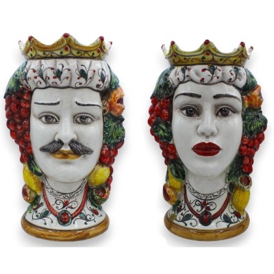 Maurische Köpfe aus Caltagirone, Höhe ca. 38 cm. (Pärchen) mit Krone, Zitronen und Trauben - 