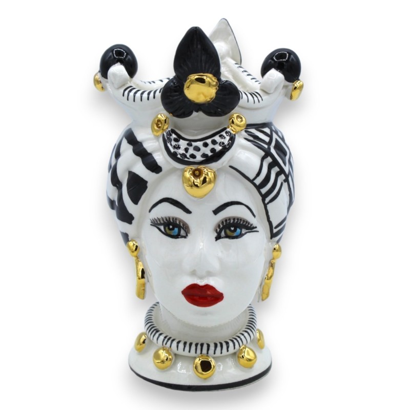 Teste di Moro Caltagirone h 17 cm ca. Rifinita con smalto oro zecchino 24k, fondo bianco e nero - 