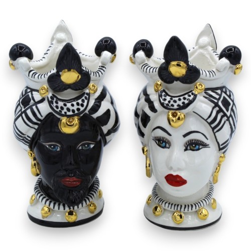Paire de têtes Moro Caltagirone h environ 17 cm avec émail OR pur 24 carats, fond noir et blanc - 