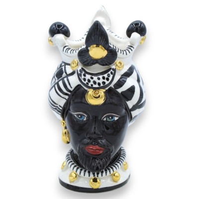 Coppia Teste di Moro Caltagirone h 17 cm ca. con smalto ORO zecchino 24k, fondo bianco e nero - 