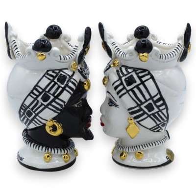 Teste di Moro Caltagirone h 17 cm ca. Rifinita con smalto oro zecchino 24k, fondo bianco e nero - 