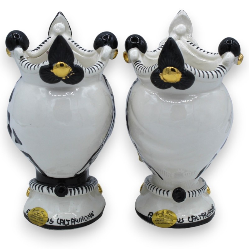 Coppia Teste di Moro Caltagirone h 17 cm ca. con smalto ORO zecchino 24k, fondo bianco e nero - 