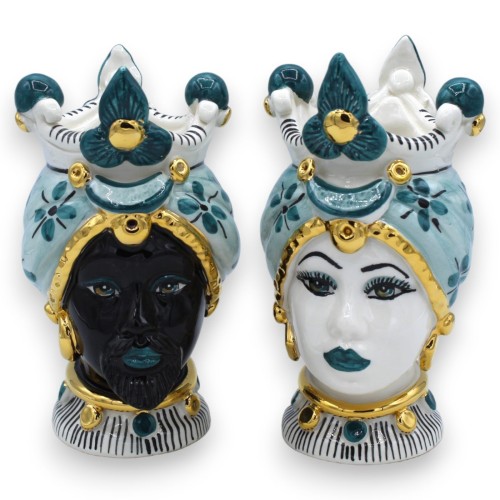 Paar Moro-Köpfe Caltagirone H ca. 17 cm mit 24-karätiger GOLD-Emaille und blaugrünen Details