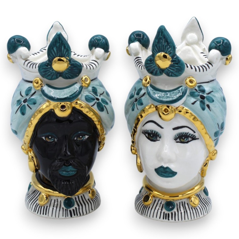 Paire de têtes Moro Caltagirone h environ 17 cm avec émail OR pur 24 carats, détails bleu sarcelle - 