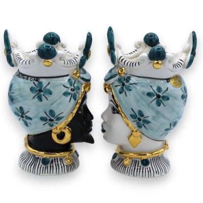 Paire de têtes Moro Caltagirone h environ 17 cm avec émail OR pur 24 carats, détails bleu sarcelle - 