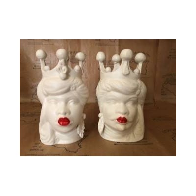 Par de cabezas de Caltagirone Moro blanco mate, altura aproximada de 18 cm - 