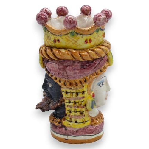 Tweezijdige Janus, Caltagirone keramiek hoofd met twee gezichten, ca. 18 cm hoog, met kroon, vlecht en stekelige peer, b 2