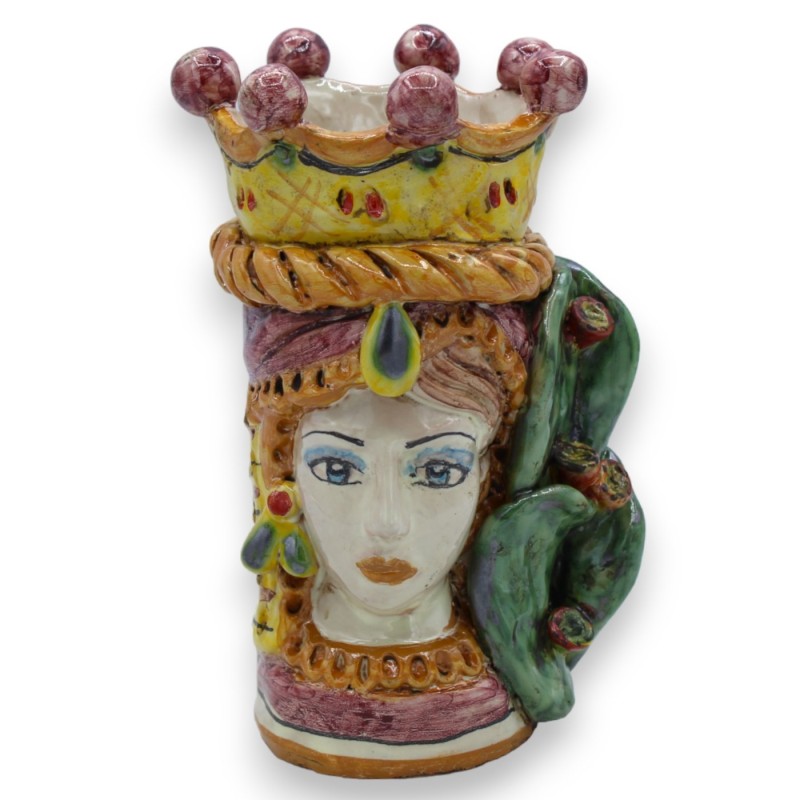Jano de duas faces, cabeça de cerâmica de Caltagirone com duas faces, aprox. 18 cm de altura, com coroa, trança e pera e