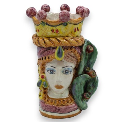 Jano de duas faces, cabeça de cerâmica de Caltagirone com duas faces, aprox. 18 cm de altura, com coroa, trança e pera e