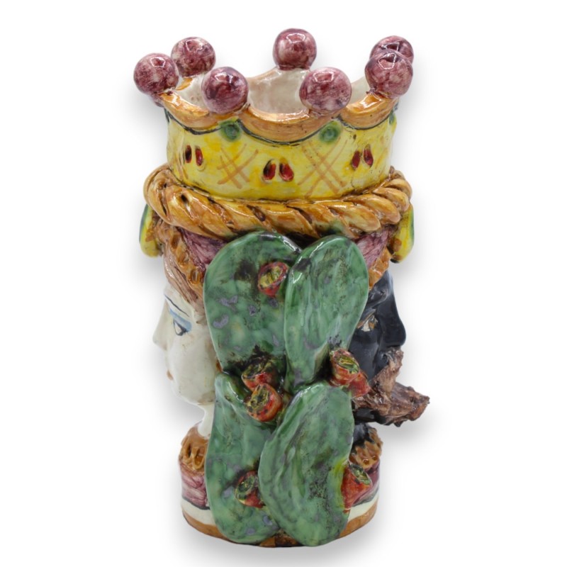 Janus à deux visages, tête en céramique de Caltagirone à deux visages, environ 18 cm de haut, avec couronne, tresse et f