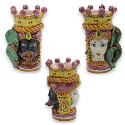 Janus à deux visages, tête en céramique de Caltagirone à deux visages, environ 18 cm de haut, avec couronne, tresse et f