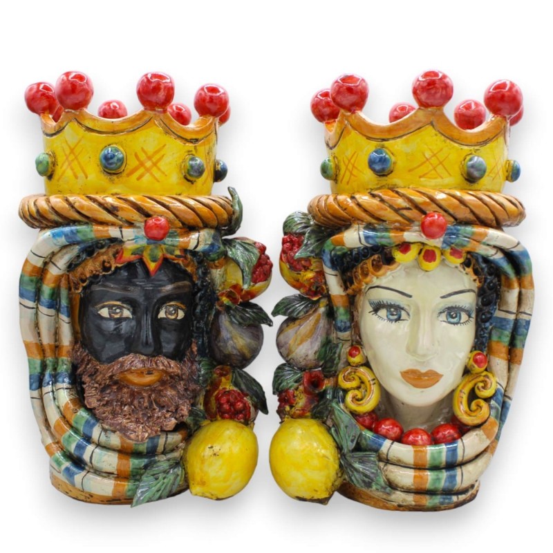 Têtes de lande Caltagirone, h environ 30 cm. Avec couronne, corde, turban et fruits mélangés - 
