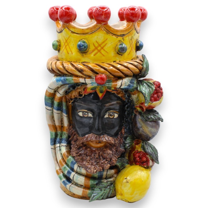 Moorköpfe Caltagirone, H ca. 30 cm. Mit Krone, Seil, Turban und gemischten Früchten - 