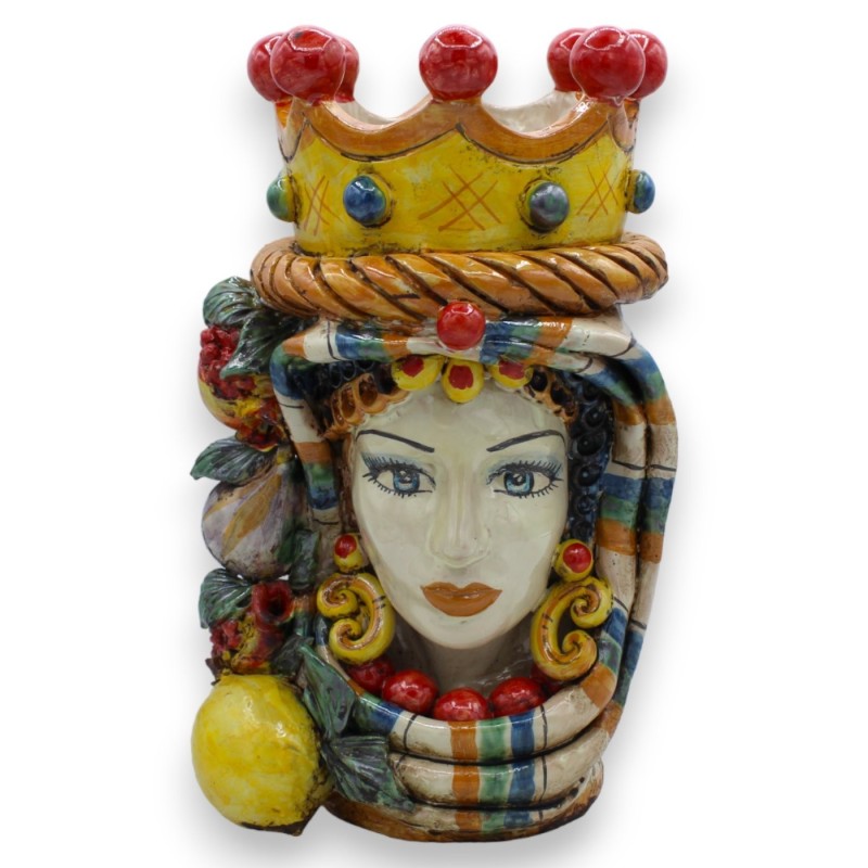 Moorköpfe Caltagirone, H ca. 30 cm. Mit Krone, Seil, Turban und gemischten Früchten - 