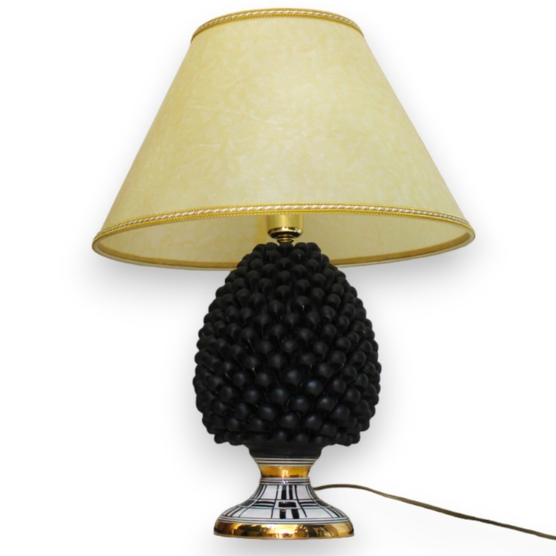 Lamp Pigna Caltagirone, h 55 cm approx. ÉLITE series, satin black with modern design stem, 24k pure gold enamel - 
