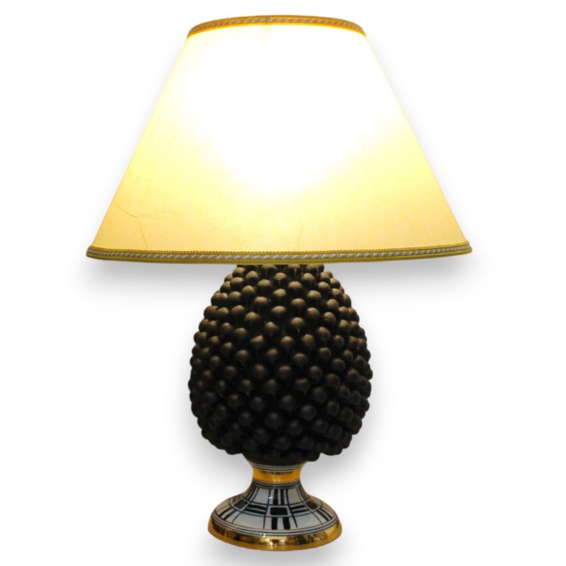 Lume Pigna Caltagirone, h 55 cm ca. serie ÈLITE, nero satinato con gambo Design moderno, smalto Oro Zecchino 24k - 