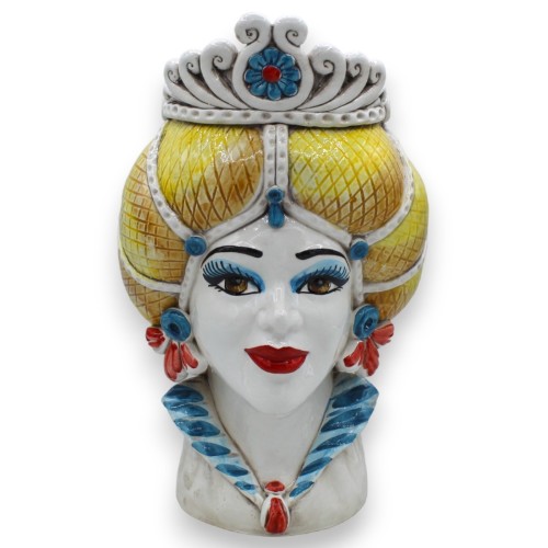 Tête normande marron foncé en céramique Caltagirone environ 30 cm (1pc) avec couronne, turban jaune, fleurs et feuilles en relie