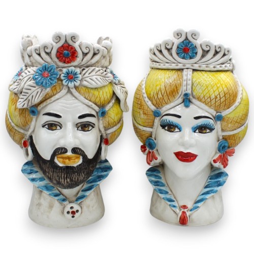 Tête normande marron foncé en céramique Caltagirone environ 30 cm (1pc) avec couronne, turban jaune, fleurs et feuilles 