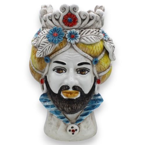 Tête normande marron foncé en céramique Caltagirone environ 30 cm (1pc) avec couronne, turban jaune, fleurs et feuilles  2