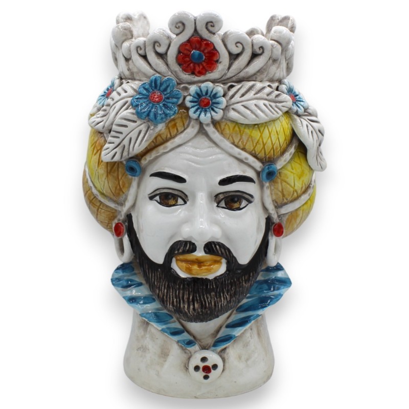 Normannischer dunkelbrauner Kopf aus Caltagirone-Keramik, ca. 30 cm (1 Stück) mit Krone, gelbem Turban, Blumen und Blätt