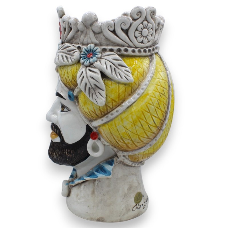 Normannischer dunkelbrauner Kopf aus Caltagirone-Keramik, ca. 30 cm (1 Stück) mit Krone, gelbem Turban, Blumen und Blätt