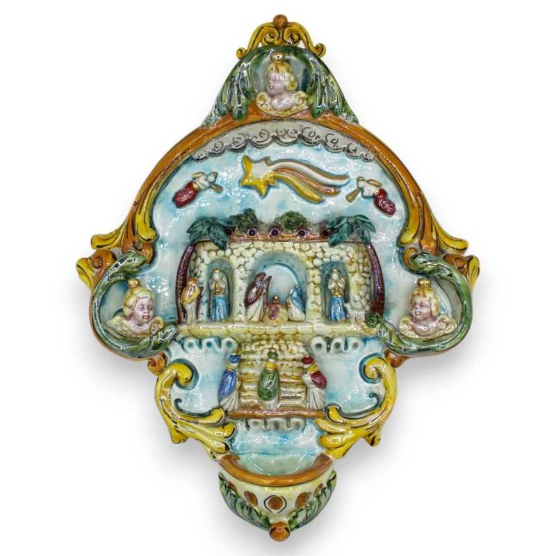 Acquasantiera ceramica Caltagirone h 36 x L 28 cm ca. dettagli in smalto Oro Zecchino 24k e Madreperla, presepe a riliev