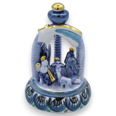 Presepe Campana monocromatica blu antico madreperla, ceramica Caltagirone h 10 cm ca. dettagli in smalto oro zecchino 24