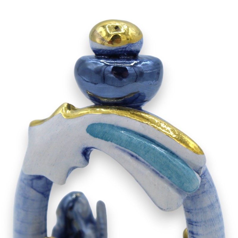 Glockenkrippe H ca. 10 cm einfarbige, antikblaue Perlmutt-Emaille, Caltagirone-Keramik, Details aus 24-karätigem reinem 