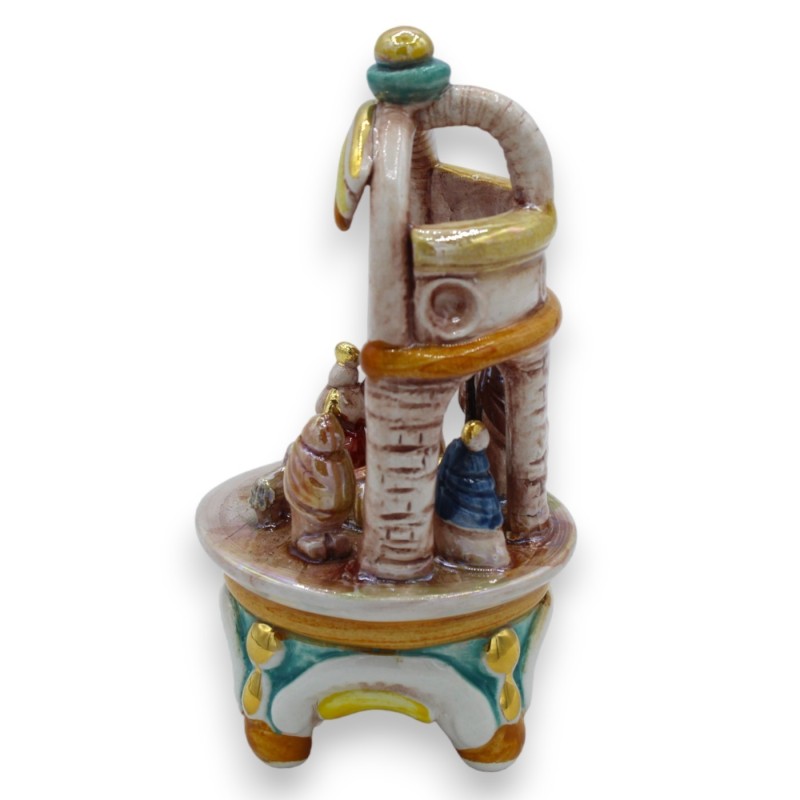 Handcrafted nativity scene, in blue bell, in fine Caltagirone ceramic, decorations in 24k pure gold, approx. h14 cm. For