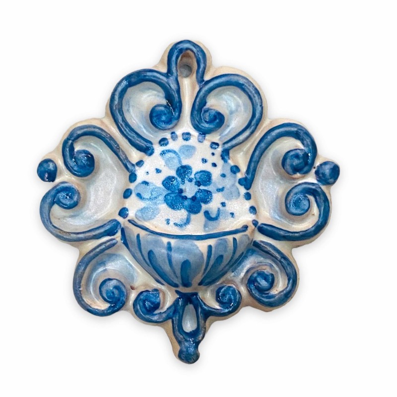 Pila de agua bendita de cerámica siciliana, forma barroca, h 7 x w 7 cm aprox. (1 pieza) con decoración y color aleatori