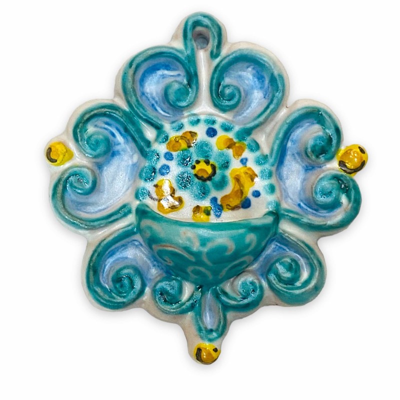 Pila de agua bendita de cerámica siciliana, forma barroca, h 7 x w 7 cm aprox. (1 pieza) con decoración y color aleatori