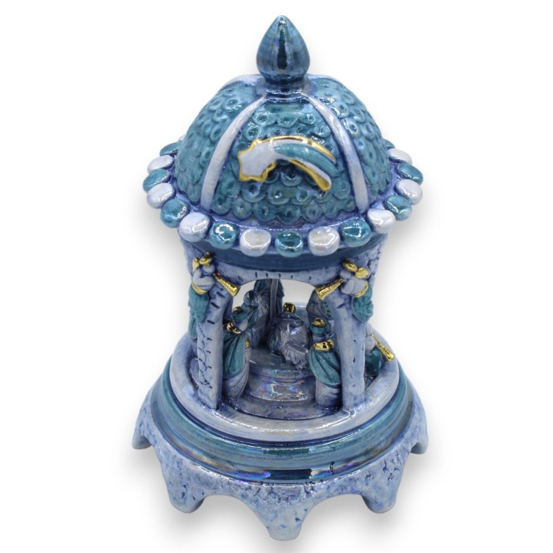 Barocke Kuppelkrippe H ca. 21 cm einfarbige, antikblaue Perlmutt-Emaille, Caltagirone-Keramik, Details aus 24-karätigem 
