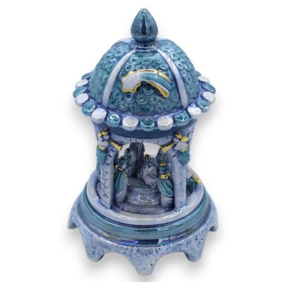 Barocke Kuppelkrippe H ca. 21 cm einfarbige, antikblaue Perlmutt-Emaille, Caltagirone-Keramik, Details aus 24-karätigem 