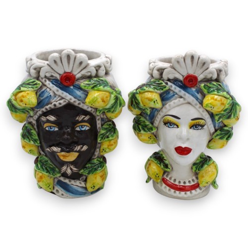 Tête de maure Moresca en céramique de Caltagirone h environ 20 cm (1pc) avec frise, feuilles et citrons en relief - 