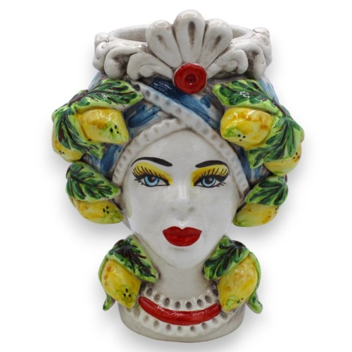 Cabeza Moresca marrón en cerámica Caltagirone h 20 cm aprox. (1ud) con cenefa, hojas y limones en relieve