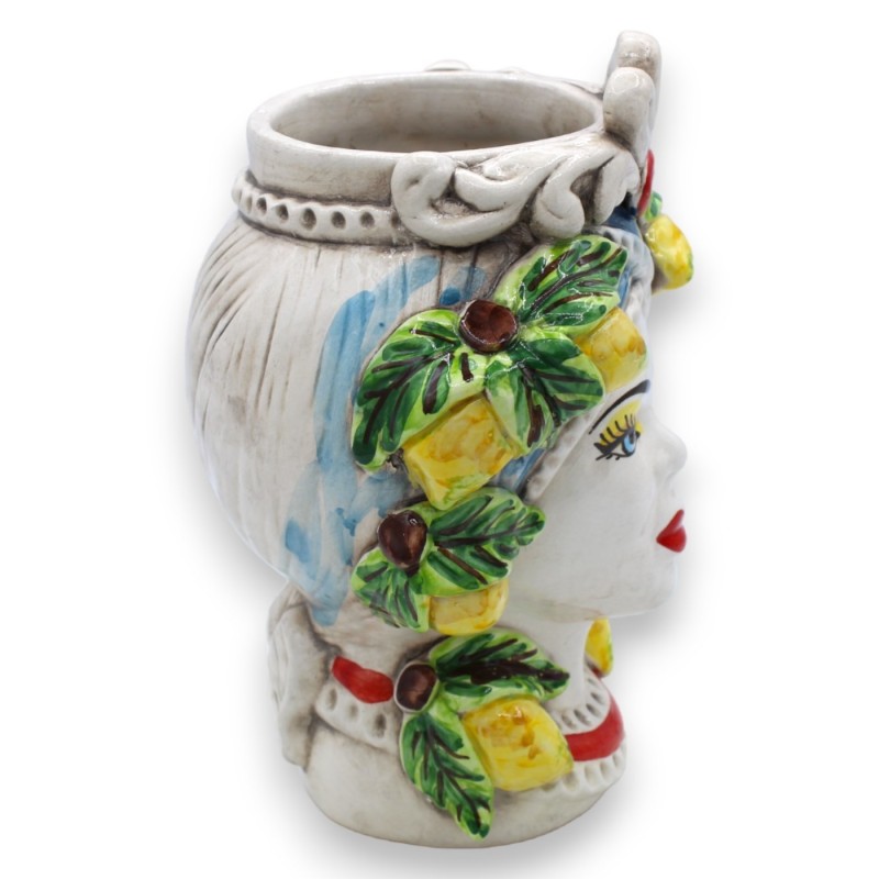 Cabeça castanha escura Moresca em cerâmica Caltagirone h 20 cm aprox. (1pc) com friso, folhas e limões em relevo - 