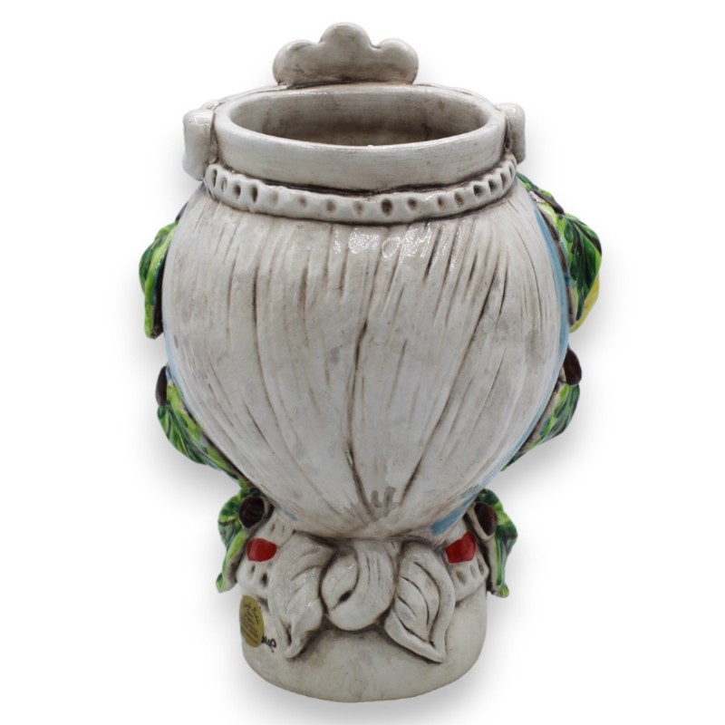 Testa di moro Moresca in ceramica Caltagirone h 20 cm ca. (1Unità) con fregio, foglie e limoni a rilievo MD1 - 