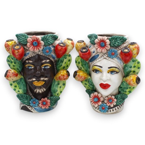 Moors hoofd in Caltagirone keramiek h 26 cm ca. (1st) met cactusvijg- en bloemapplicaties - 