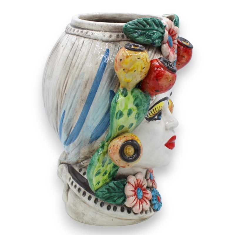 Testa Moresca in Ceramica Caltagirone h 26 cm ca. (1Unità) con applicazioni di ficodindia e fiori - 